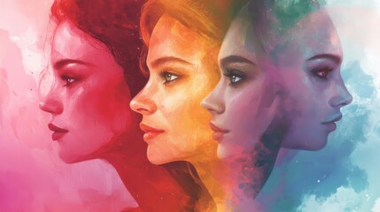 Obraz premium Colorful Profile Portraits of Women in Abstract Watercolor Style