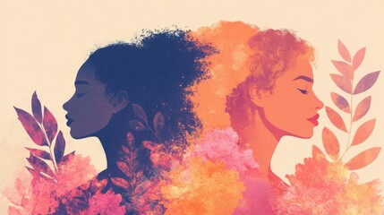 Fototapeta premium Two Women Profile Side by Side, Double Exposure with Floral Elements and Pastel Colors