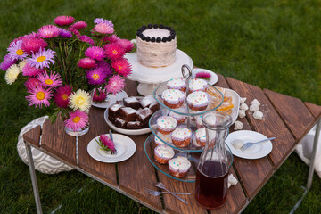 Beautifully served table with desserts on green grass. Summer picnic in the garden with muffins, cookies, cake, fresh fruits, cold lemonade, wine and beautiful flowers with pink decorations.