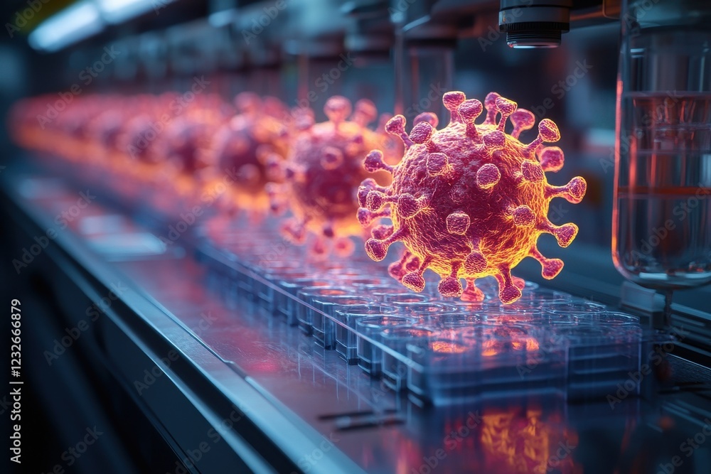 Poster detailed representation of a coronavirus model in a laboratory setting with advanced technology