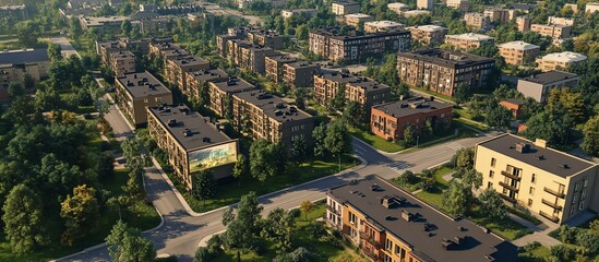 Aerial view of new suburban apartment buildings, sunny day, green surroundings, real estate development