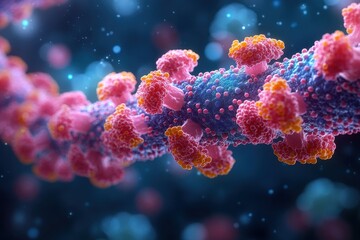Naklejka premium Colorful depiction of a virus structure illuminated under close observation in a lab setting
