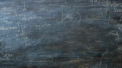 Complex mathematical equations and diagrams drawn on a worn black chalkboard in a classroom setting - Powered by Adobe