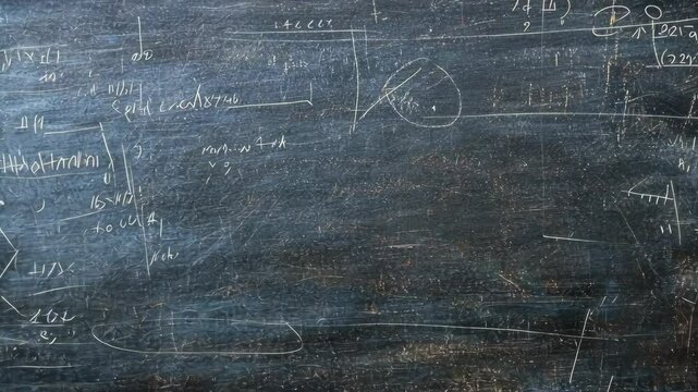Complex mathematical equations and diagrams drawn on a worn black chalkboard in a classroom setting