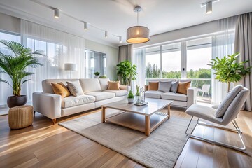 Modern white interior, clean lines, spacious ambiance.
