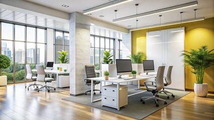 Modern office banner, blank, dim lighting, minimalist design.