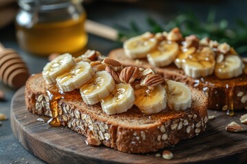 Deliciously crafted banana and honey toast with nuts on whole grain bread for a wholesome breakfast