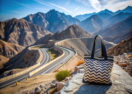 Mockup of UAE shopping bags on Jebal Jais Road, tilt-shift style.