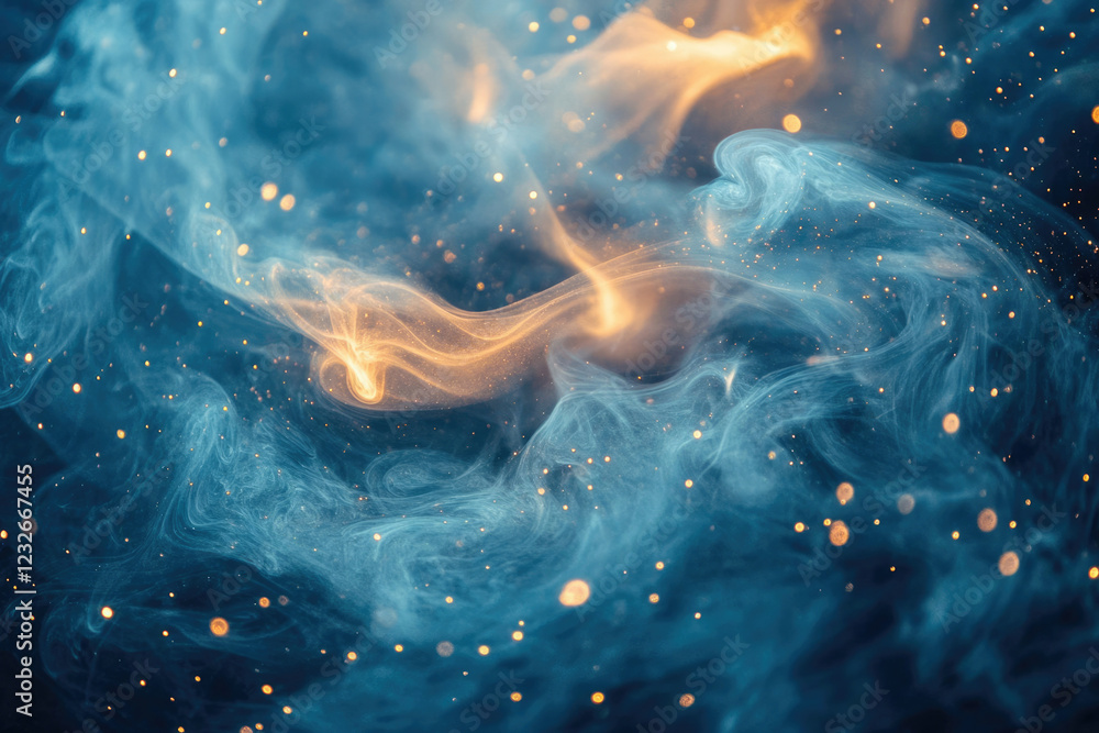 Poster abstract art depicting swirling blue and orange smoke with golden sparkles, creating a cosmic or eth