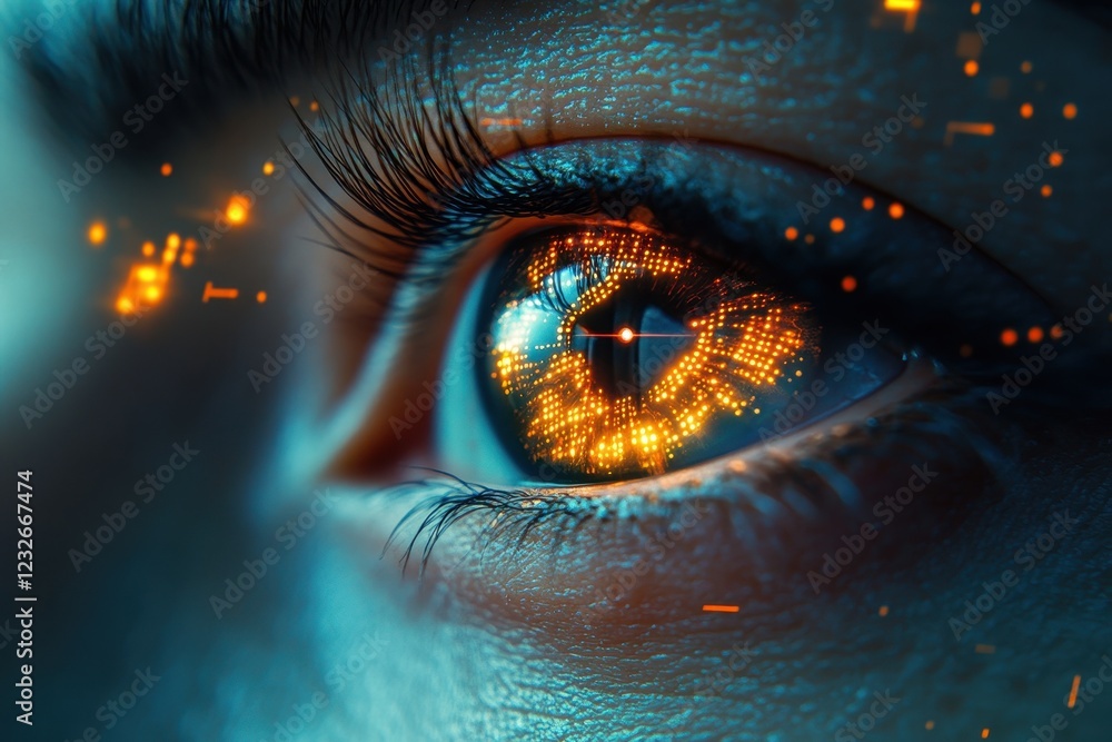Poster digital art representation of an eye featuring glowing patterns and intricate details