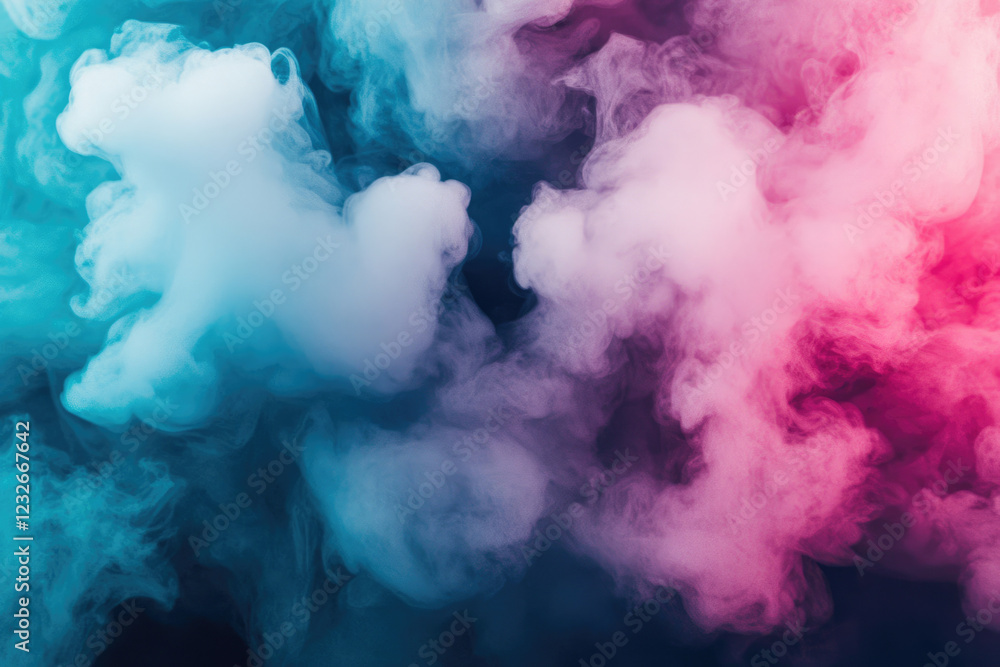 Aufkleber Abstract image of vibrant teal and pink smoke clouds swirling and mixing, creating a dreamy, ethereal atmosphere.