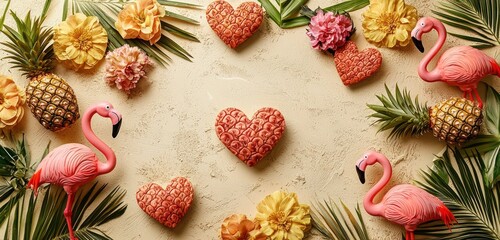 Sunny Valentine’s Day flat lay featuring heart-shaped pineapples, pink flamingos, and tropical flowers on a sandy beige background, blending love with vacation vibes.