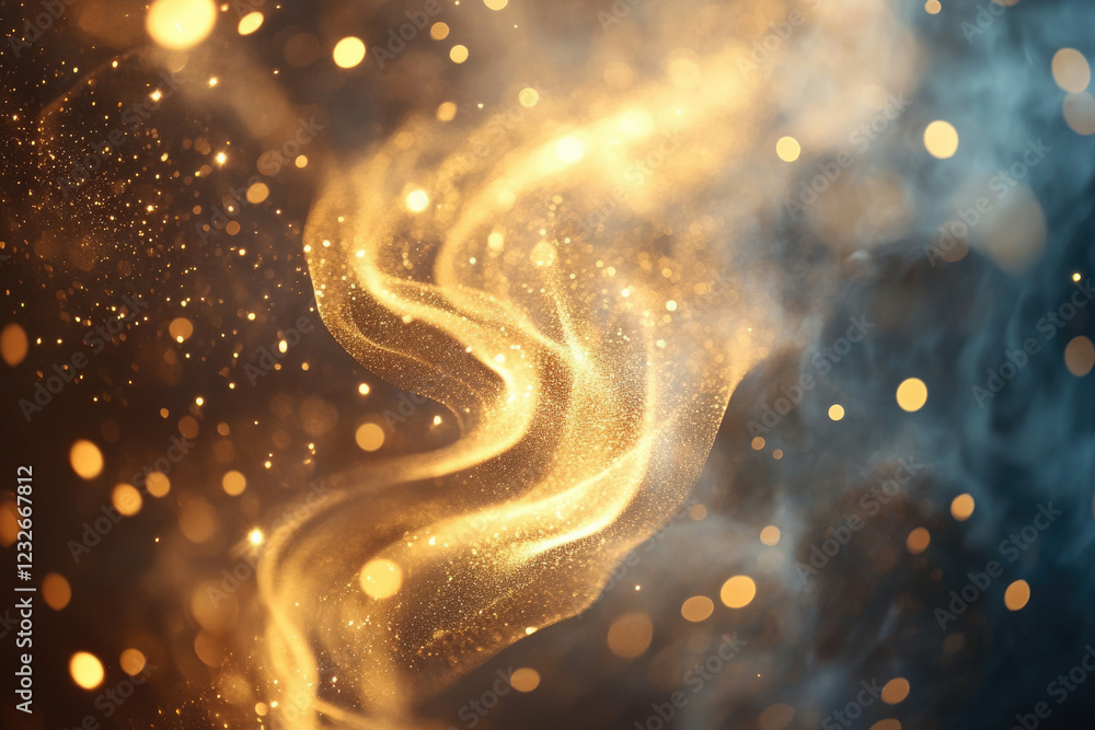 Poster abstract golden glittering wave with smoke and bokeh lights, creating a luxurious and magical atmosp