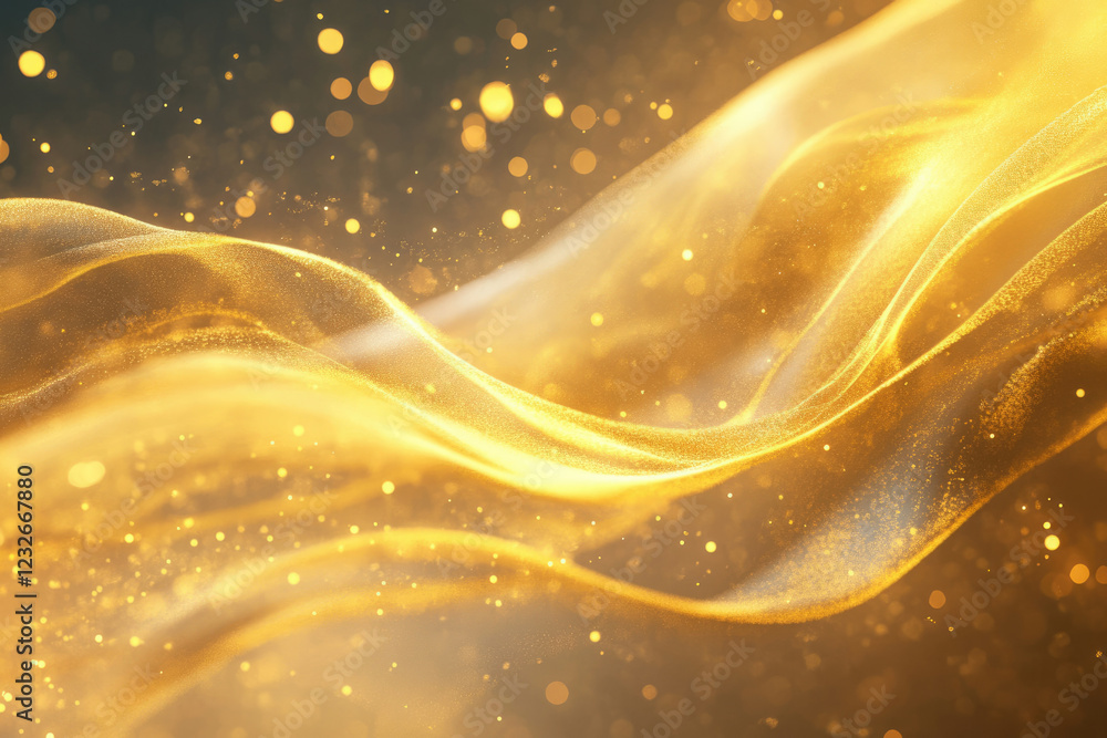 Poster abstract golden waves with sparkling particles, a luxurious and elegant background.