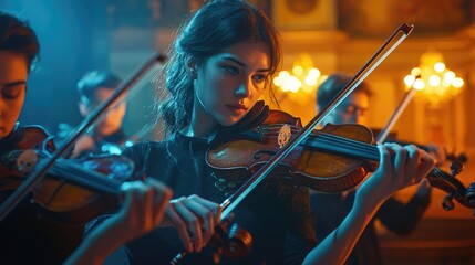 Fototapeta premium Passionate Violinist in Concert, A Symphony of Skill and Emotion