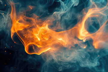Fototapeta premium Abstract fiery smoke swirls in teal and orange hues, creating a mesmerizing visual spectacle.