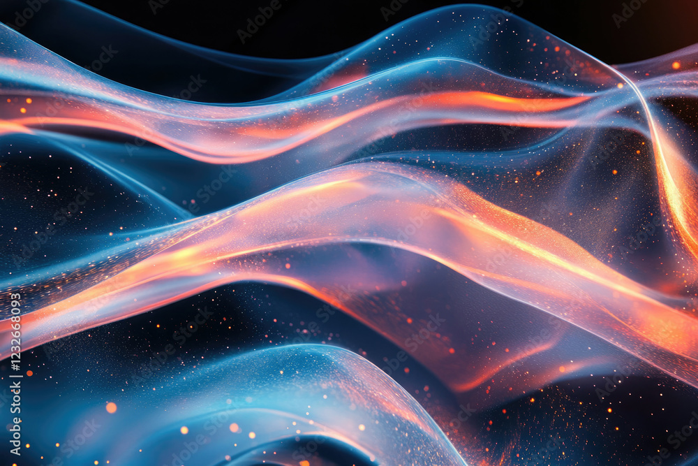 Poster abstract image of flowing, luminous waves in shades of blue and orange with glittering particles.