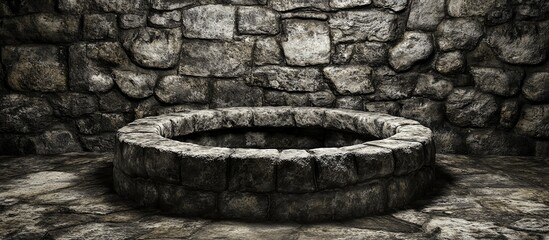 Fototapeta premium Stone well in ancient cellar; dark background, game design
