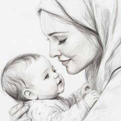 Tender Pencil Sketch of Mother and Baby Bonding