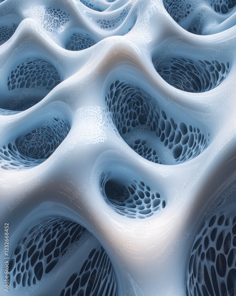 Poster abstract 3d rendering of a biomorphic, porous surface with undulating forms and textured cavities.