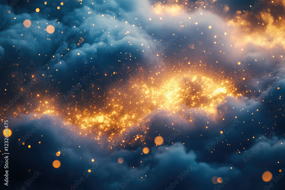 Poster a mesmerizing blend of dark blue clouds and golden sparkles, creating a celestial, ethereal, and mag