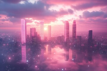 Fototapeta premium Vibrant sunset over a futuristic city skyline reflecting on tranquil waters with soft pink and purple hues