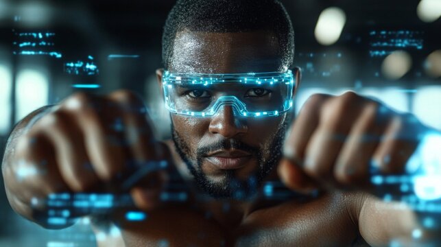 Focused Athlete Interacting with Futuristic Digital Interface