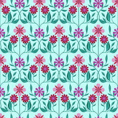 seamless pattern features pink and purple flowers with green leaves on a light blue background, perfect for textile, wallpaper, and decorative designs