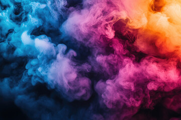 Fototapeta premium Abstract vibrant smoke clouds in blue, pink, and orange hues against a dark background.