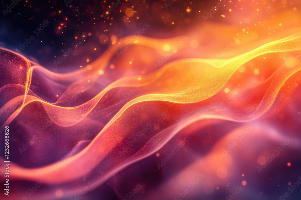 Poster Abstract flowing waves of vibrant red and gold, glowing with particles and bokeh.