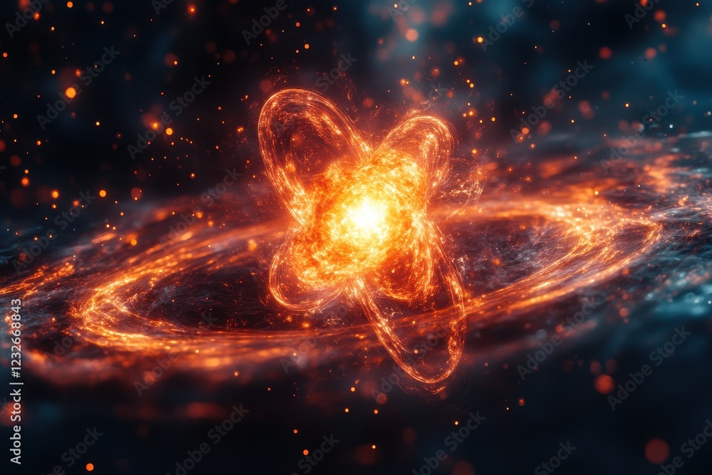 Poster vivid cosmic explosion depicting an atom with swirling energy and fiery particles floating in deep s