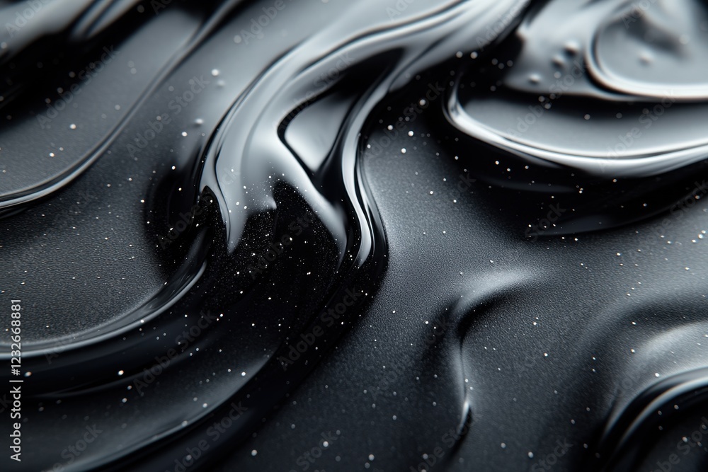 Poster fluid black texture with reflective sheen and sparkles in a smooth wave pattern capturing light crea