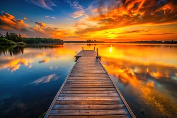 Naklejka premium High-detail photorealistic view of a lake pier at sunset, orange hues.