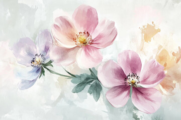 Beautiful floral artwork featuring pink and purple blossoms on a soft pastel background