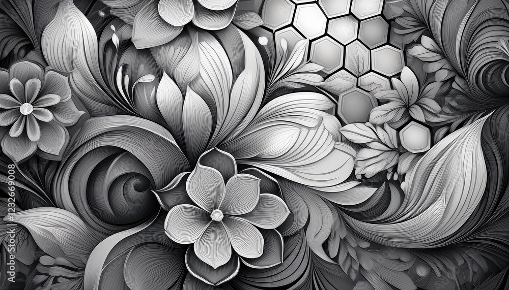 Poster striking grayscale hexagon floral abstraction ethereal grays and intricate patterns in a timeless fl