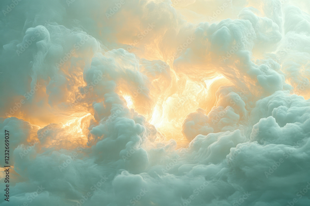 Poster a mesmerizing view of ethereal clouds illuminated by a radiant golden light from within, creating a 