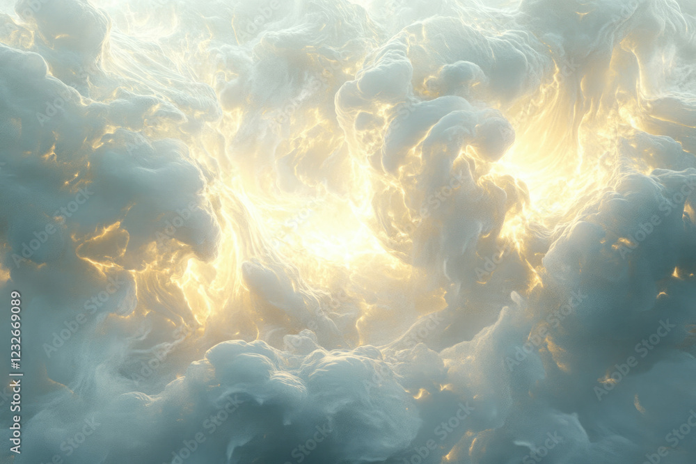 Aufkleber Glowing light emanating from within a swirling mass of ethereal clouds, creating a celestial scene.