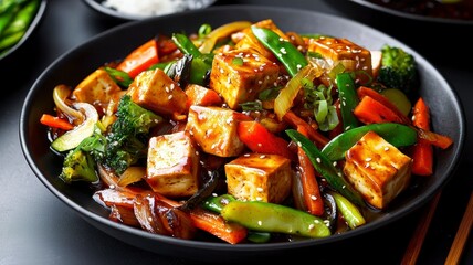 Tofu stir-fry vegetables soy sauce concept. A colorful stir-fry dish featuring tofu and an array of vibrant vegetables, served in a black bowl, showcasing a healthy and appetizing meal.