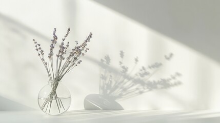 Dried lavender in glass vase, sunlit wall, minimalist decor, home design