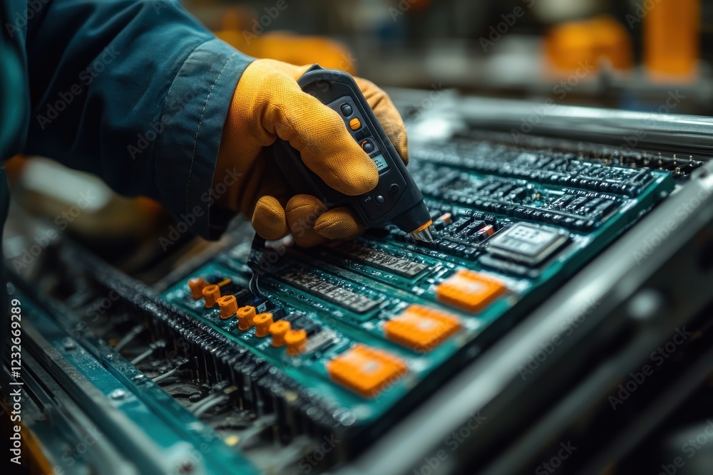 Poster technician inspects circuit board with multimeter in industrial workshop during daytime