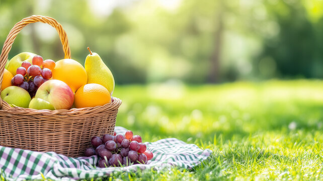 vibrant picnic basket filled with fresh fruits on sunny meadow - Powered by Adobe