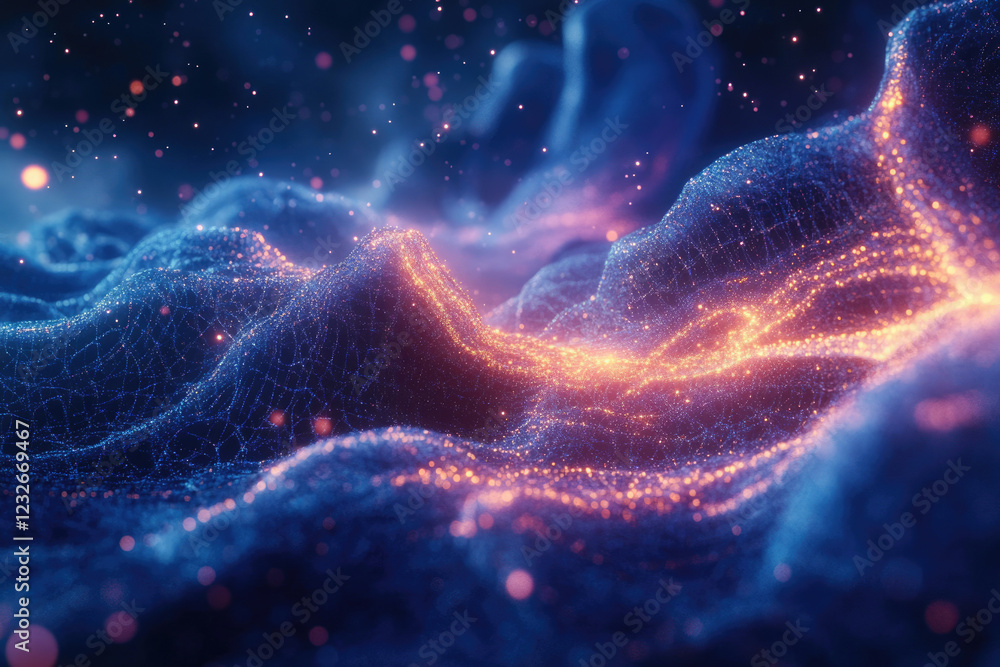 Poster abstract digital landscape with glowing particles forming undulating hills and valleys.