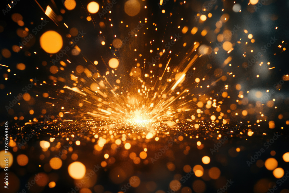 Poster a vibrant explosion of golden sparks against a dark background, creating a dazzling, energetic displ