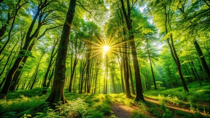 Fototapeta premium Golden light dances on the enchanted wood.