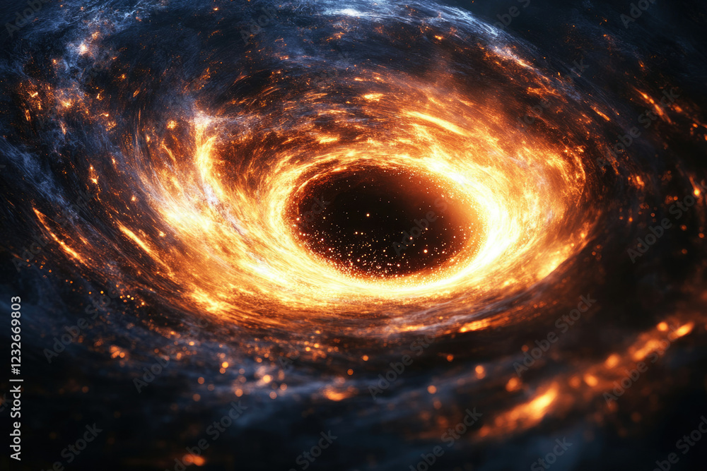 Poster fiery cosmic swirl engulfing a black hole, a mesmerizing display of celestial energy and power.
