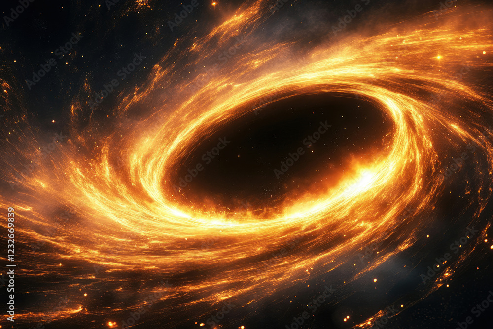 Poster fiery cosmic swirl, possibly a black hole accretion disk, glowing intensely in space.