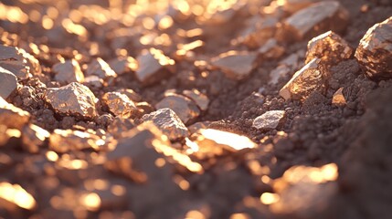 Close-up of glistening rocks scattered on dark soil at sunset.