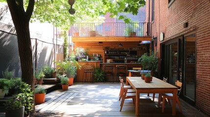 Cozy Outdoor Patio with Bar and Lush Greenery in Urban Setting