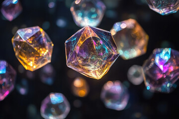 Multifaceted iridescent crystals float in a dark space, glowing with internal light.