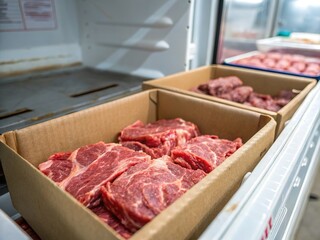 Frozen raw meat, high-resolution detail, close-up.